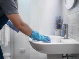 A bathroom cleaner in oxford is busy in cleaning sink of washroom