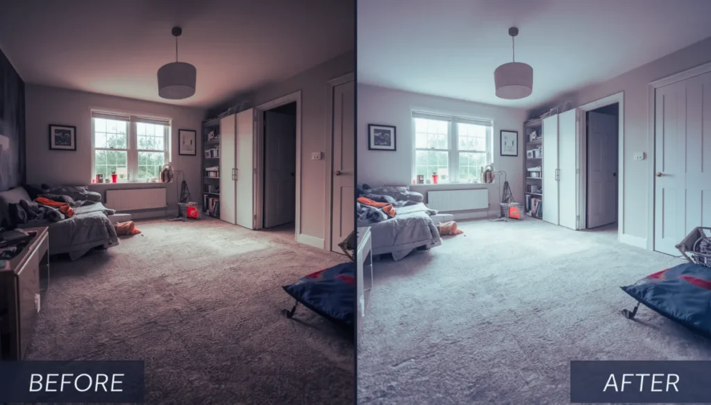 Before and after cleaning image of a room