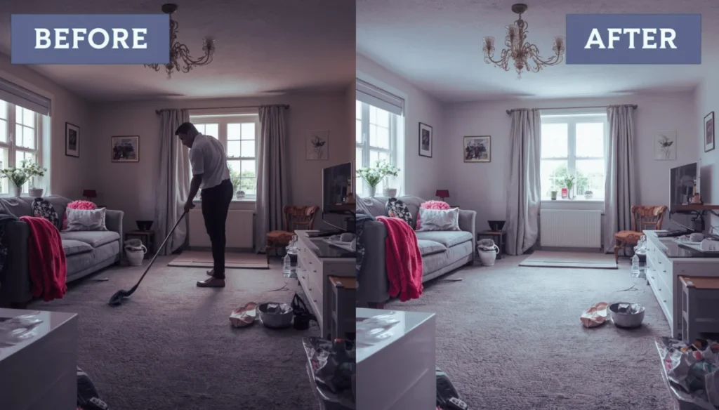 Before and after cleaning image of a bedroom