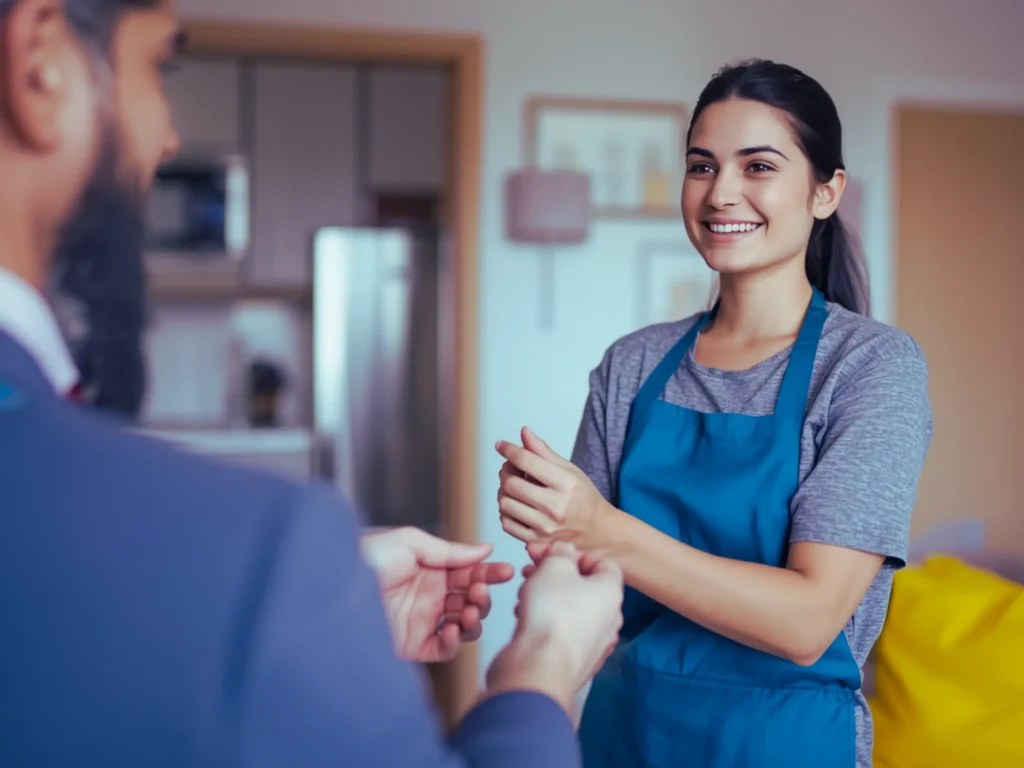 A happy tenant receiving keys back and smiling after cleaning service