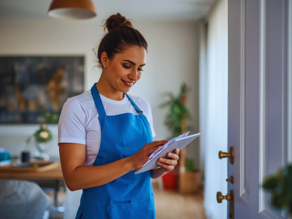 A cleaner carefully inspecting cleaned room with checklist in hand
