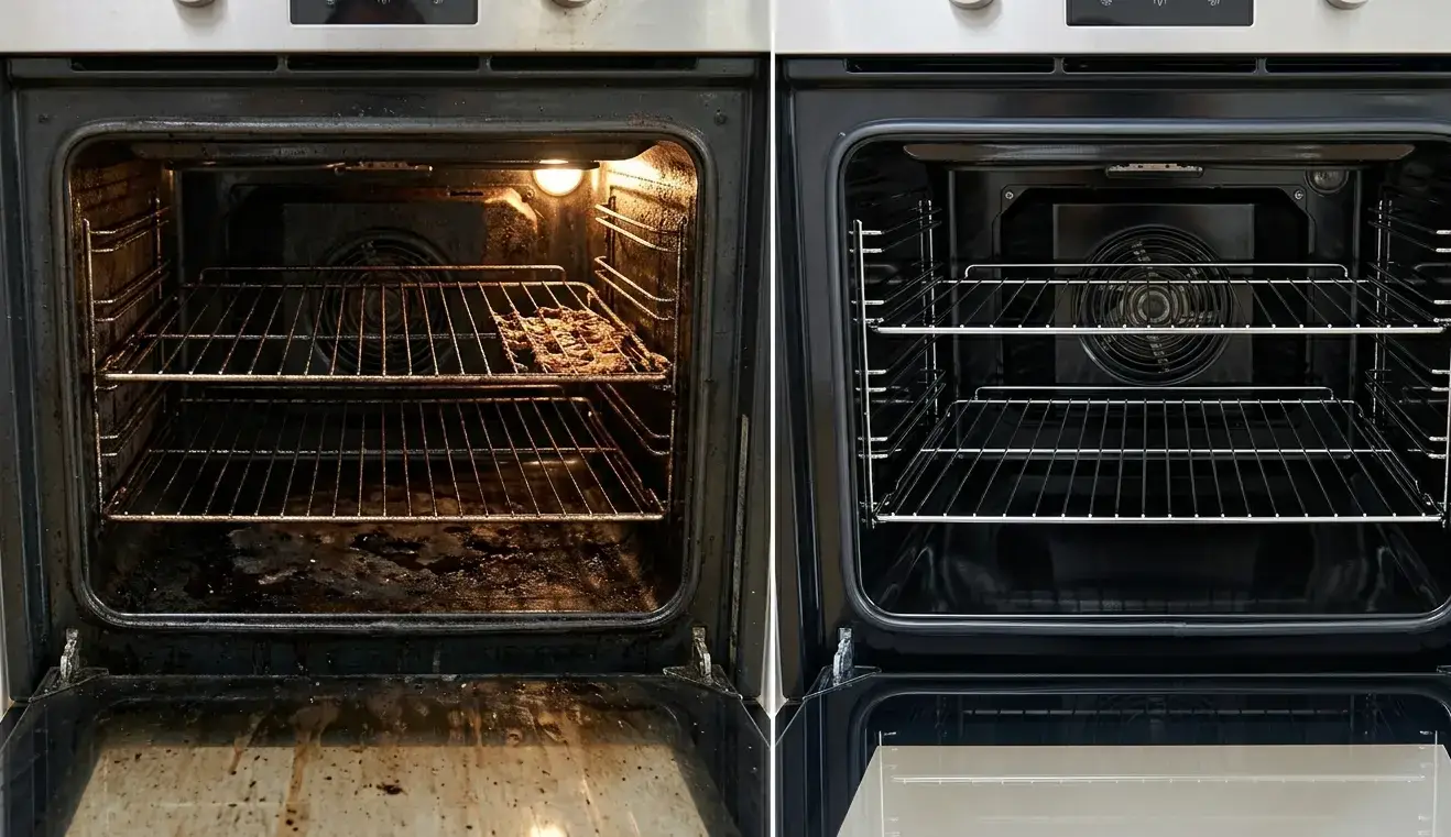 Before and after oven cleaning comparison showing dirty and professionally cleaned oven interior in an Oxford rental property