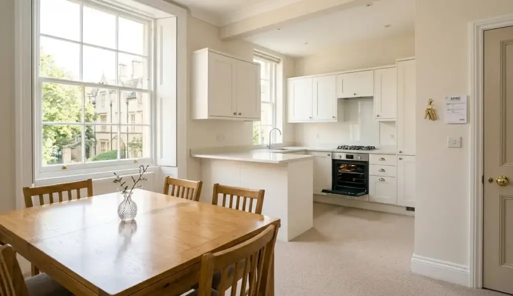 Spotless Oxford rental flat after professional end of tenancy cleaning showing clean kitchen and vacuumed living area ready for landlord inspection