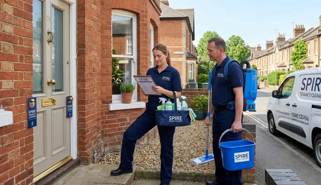 Professional end of tenancy cleaning team arriving at a traditional Oxford terraced house with cleaning equipment and eco-friendly products