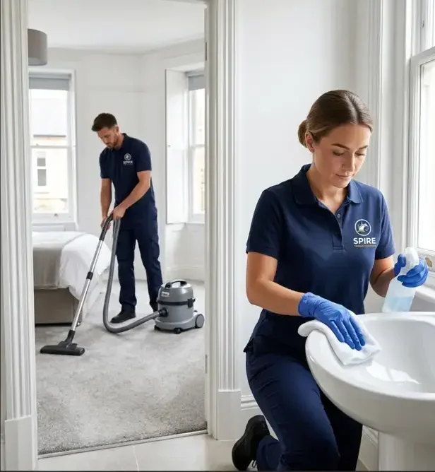 Professional end of tenancy cleaning team cleaning bathroom and bedroom in an Oxford rental property