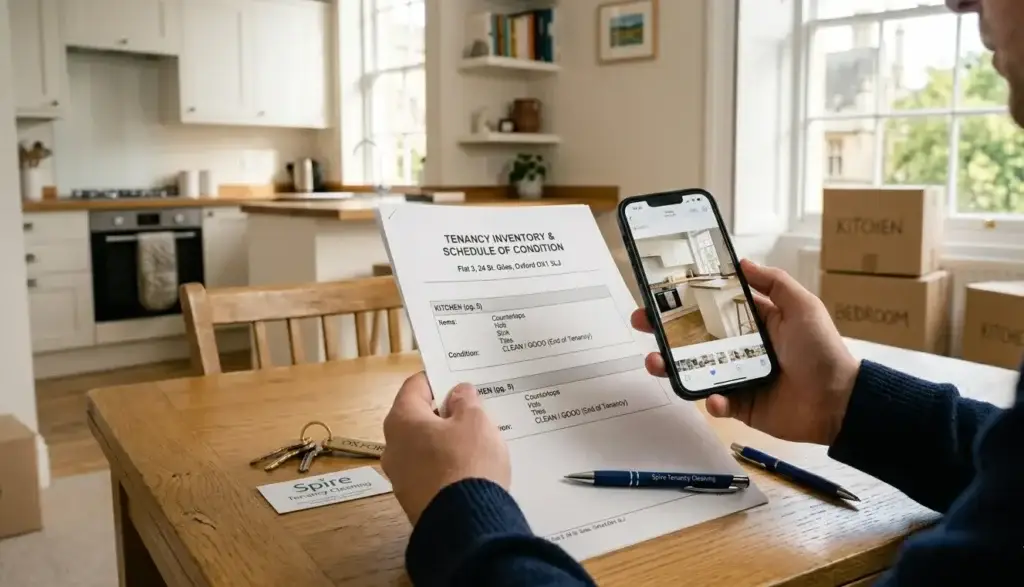 Tenant reviewing tenancy inventory report and comparing it with rental property photos on a smartphone in Oxford