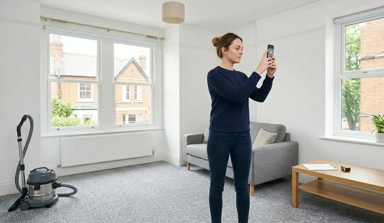 Tenant photographing a clean living room in an Oxford rental property to document condition before moving out