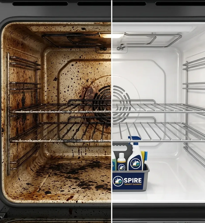 Before and after professional oven cleaning inside an Oxford rental property showing heavily soiled oven and spotless cleaned result