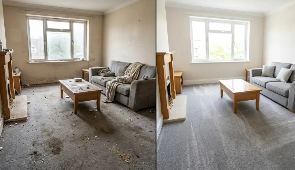 Before and after same day end of tenancy cleaning in an Oxford rental flat showing messy post tenancy state on left and spotlessly clean inspection ready room on right
