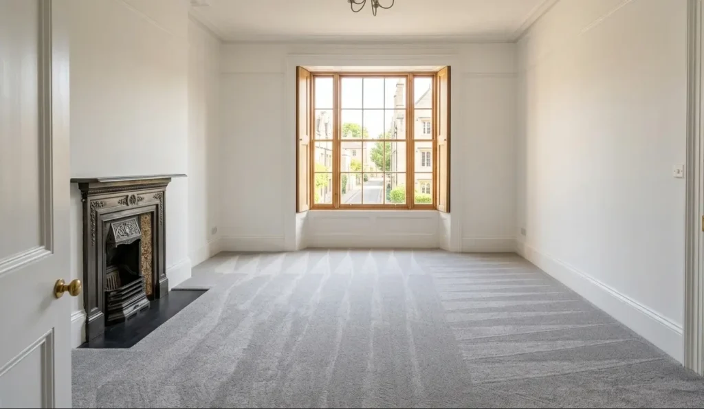 Empty, freshly cleaned living room in an Oxford rental property after full end of tenancy clean showing vacuumed carpet, clean walls, and spotless windows ready for checkout inspection