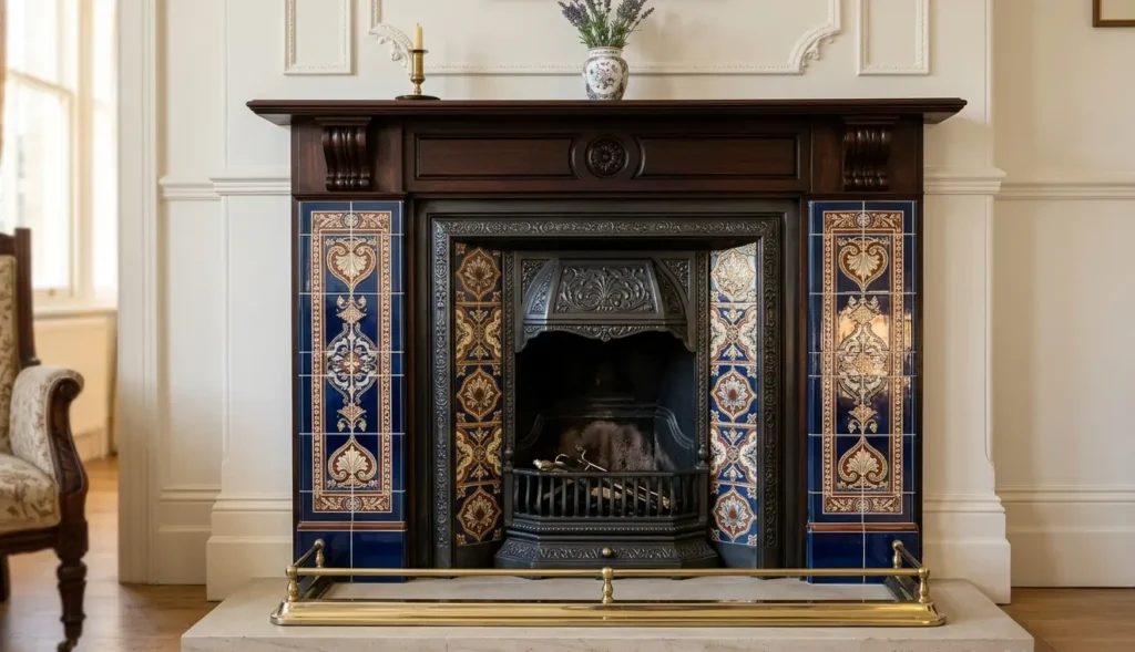 Original Victorian encaustic tiled fireplace in an Oxford period rental property cleaned to inspection standard showing gleaming period tiles and polished cast iron grate